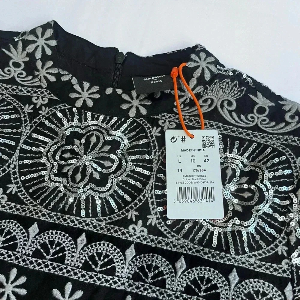 Superdry Women's 10‎ Shirt Casual Dress embroidered black silver mid new years